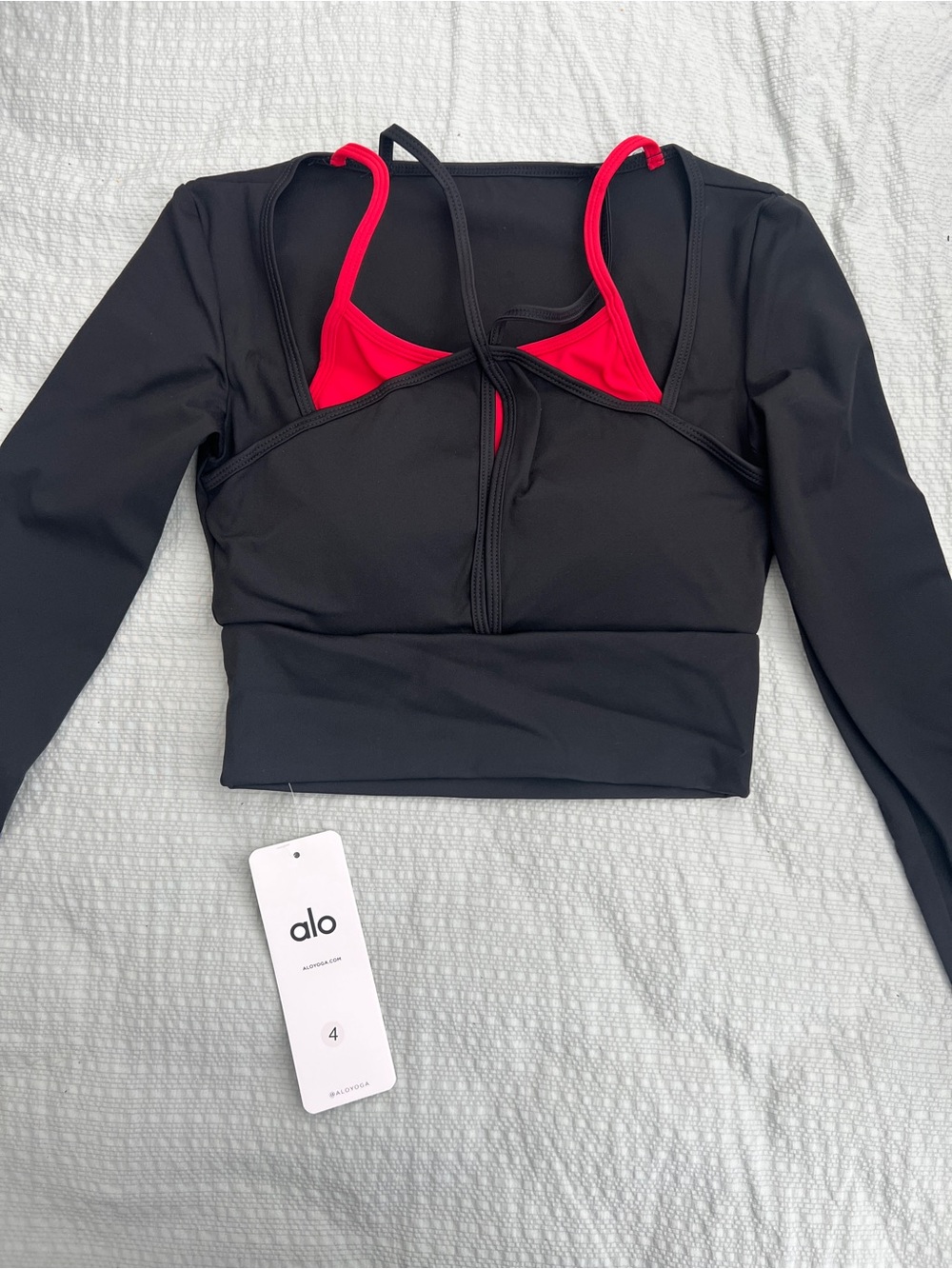 ALO Yoga Black Long-Sleeve Crop Top with Pink Built-In Bra